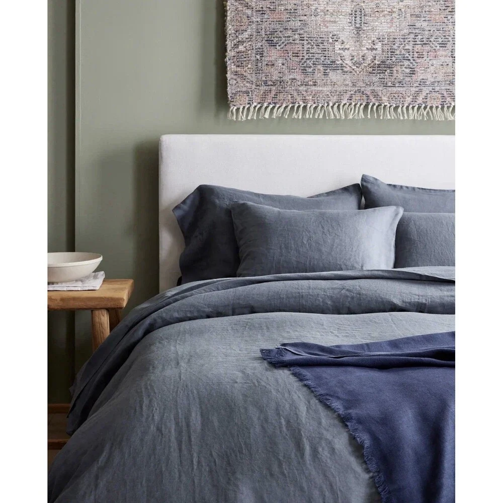 Quince European Linen Duvet Cover Set w/ Shams Full/Queen Night Fall Blue $194